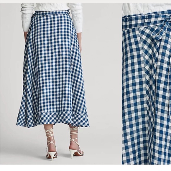 Polo Ralph Lauren Gingham Linen Midi Wrap Skirt - Picture 9 of 9
